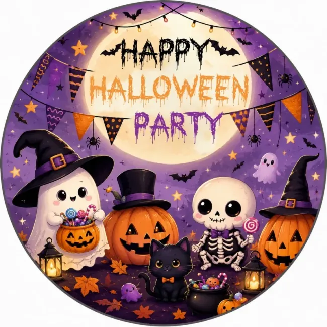 Preview: Essbares rundes Tortenbild mit Wunschtext – Farbenfrohe Happy Halloween Party mit Skelett, Geist und süßen Monstern